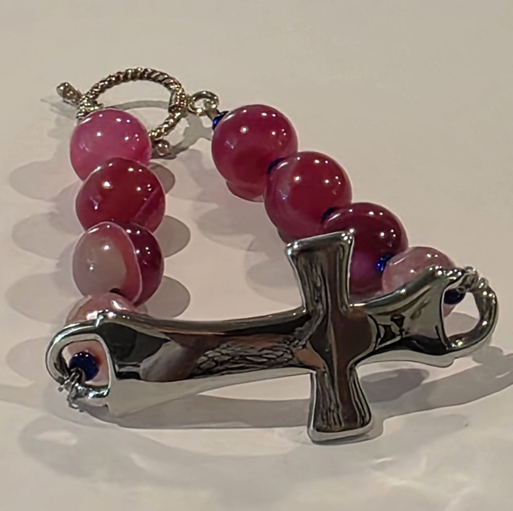 Handmade Silver and Pink Beaded Cross Religious Faith Bracelet